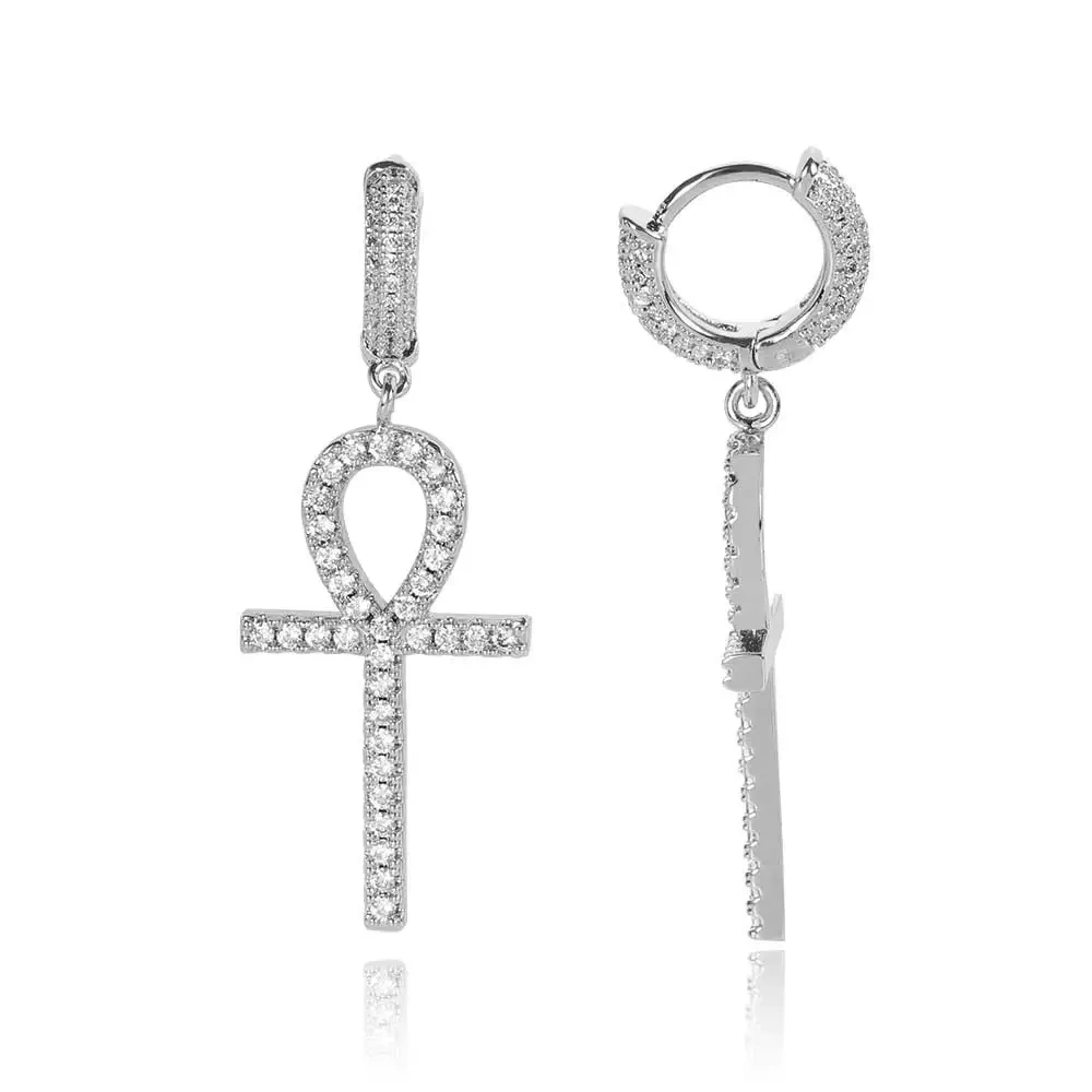 Drop Shipping Hip Hop Thick Hoop Earrings Bling Ice Out Cross CZ Zircon Plated Stud Lightning Earrings For Women Jewelry