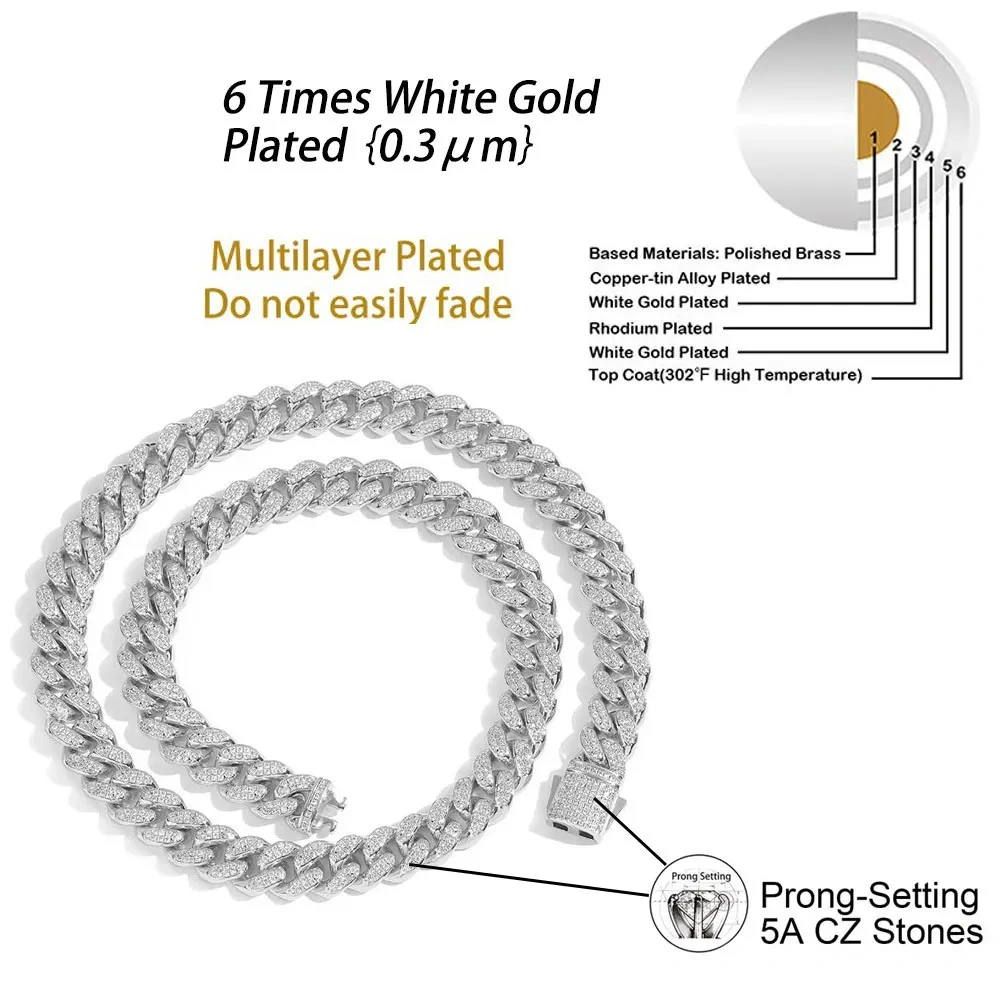 ESKEEM 12mm Iced Cuban Link Chain Bling Brass CZ For Men Women 2 Rows Choker Necklace Plating White Gold Plated Hip Hop Jewelry