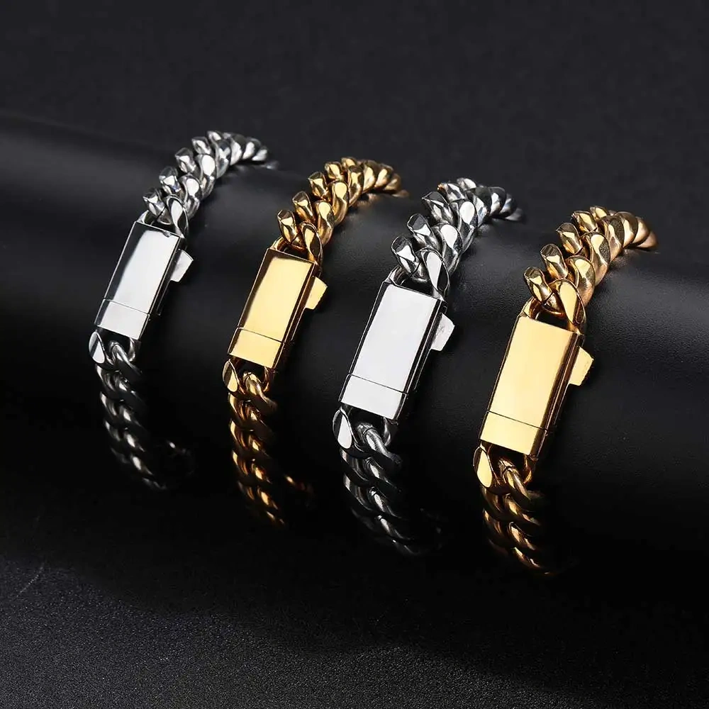 ESKEEM Drop Shipping Hip Hop Rock Jewelry Cuban Bracelet Free Custom Logo Name Miami Cuban Link Stainless Steel Bracelet For Men