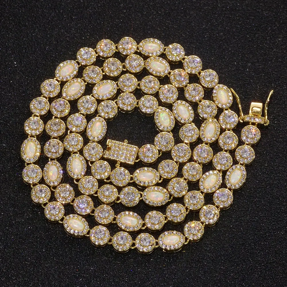 Hip Hop White CZ Flame Opal Tennis Chain Jewelry Round Cubic Zircon Oval Opal Diamond Iced Out Cluster Tennis Necklace for Women