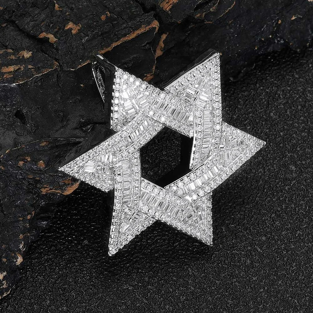 Hot Sale Hip Hop Iced Out Shiny Hexagram Pendant T Shape Zircon Stars Pendant for Men Women Street Style Jewelry