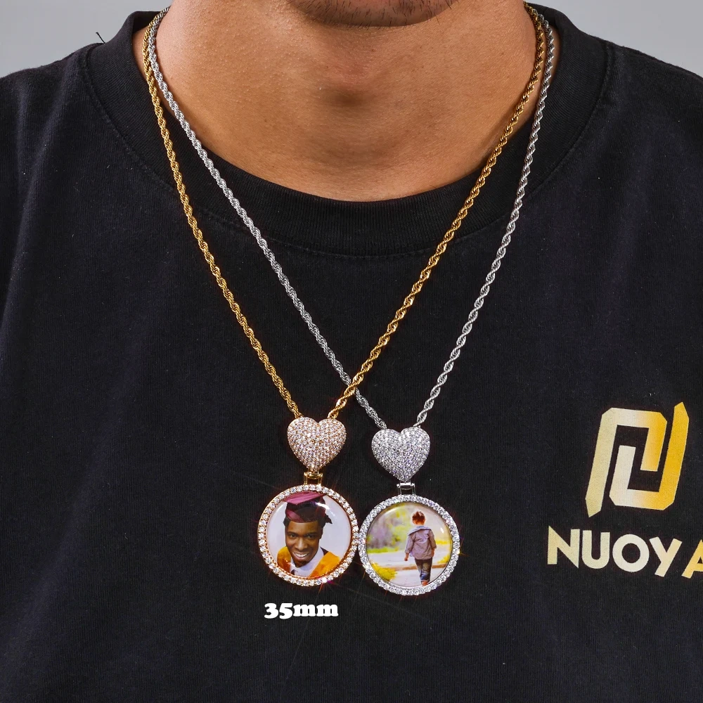 Custom 35/45mm Circle Chain Medal Disc Photo Pendant With Heart Clasp Memory Picture Pendant Engrave Name HipHop Fashion Jewelry