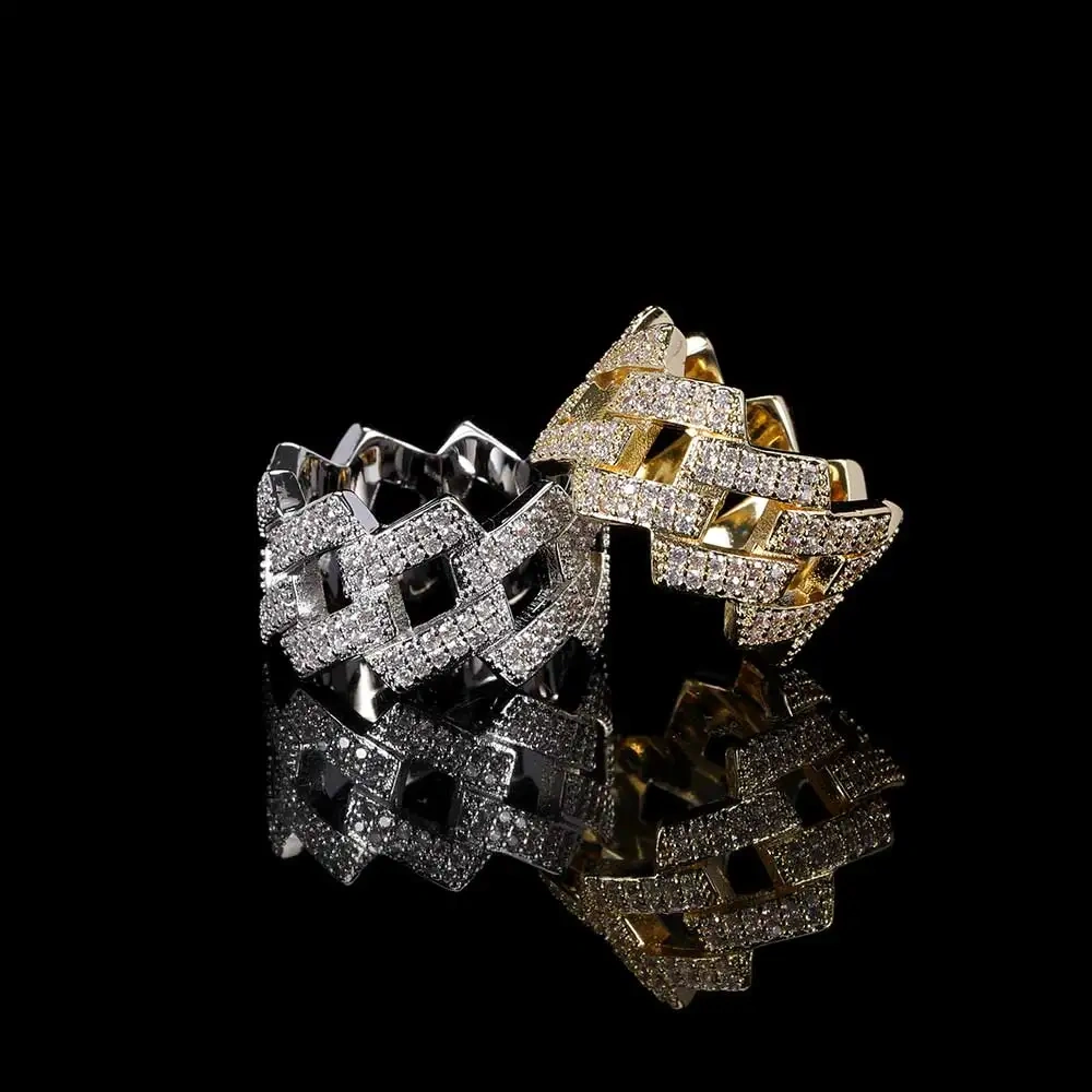 Hip Hop Fashion Iced Out For Men Brass Setting Cubic Zircon 14MM Cuban Ring Luxury Rhombus Jewelry
