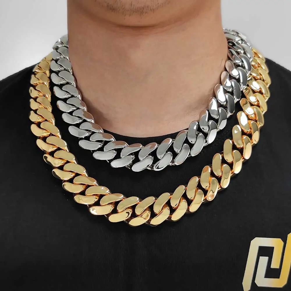 22mm Wide Hip Hop Copper Bling Silver/Gold Plated Cuban Link Chain Round Heavy Miami Chunky Necklaces for Men Jewelry