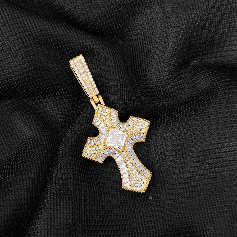 Wholesale Ice Rectangle Cross Pendant Necklace Mens Hip Hop Jewelry Bling CZ Mens Cross Charm Necklace Party Gift