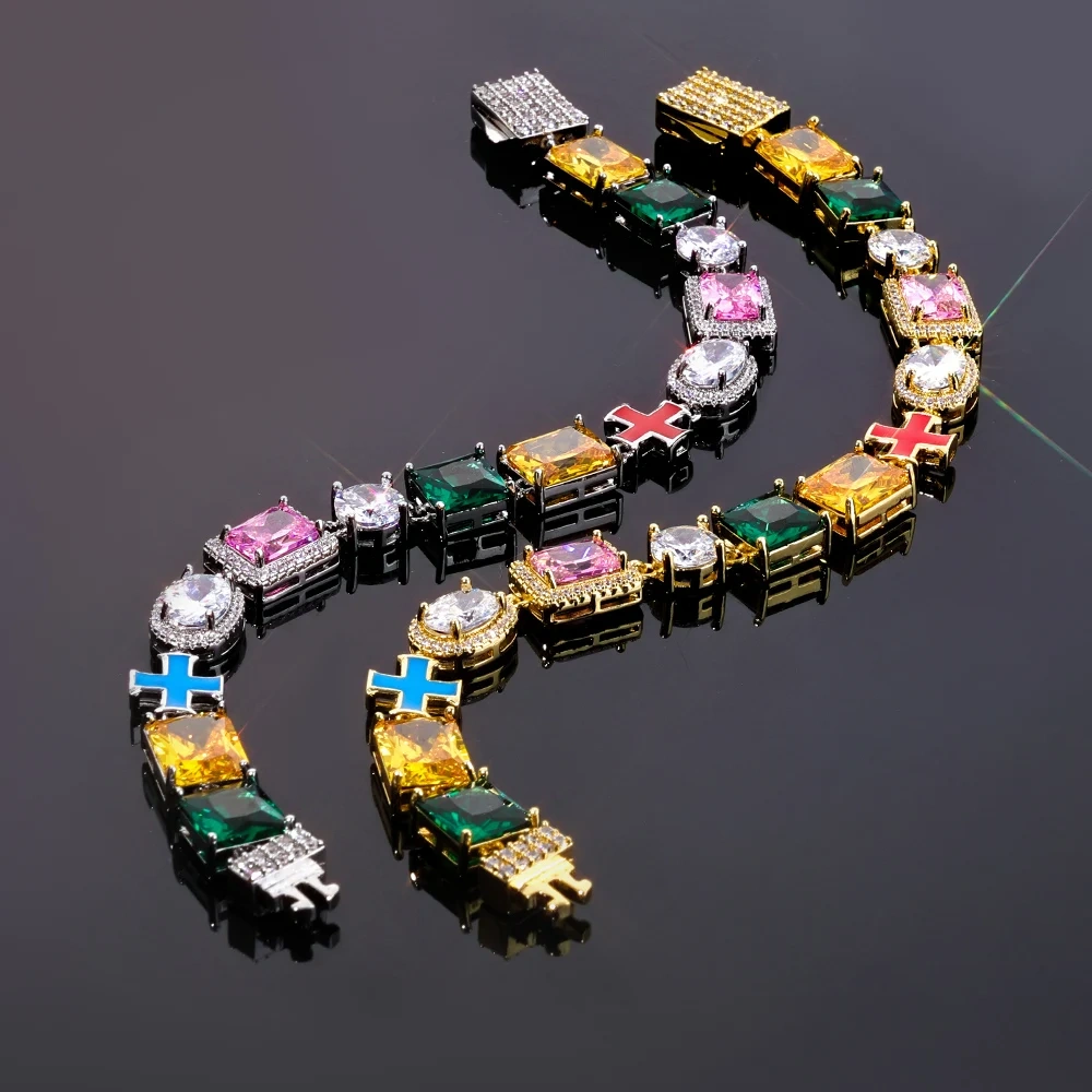 ESKEEM Hip Hop Jewelry Iced Out Multi Gemstone Bracelet Mixed Shape Rainbow Gems Cross Link Chain Fashion for Women Men