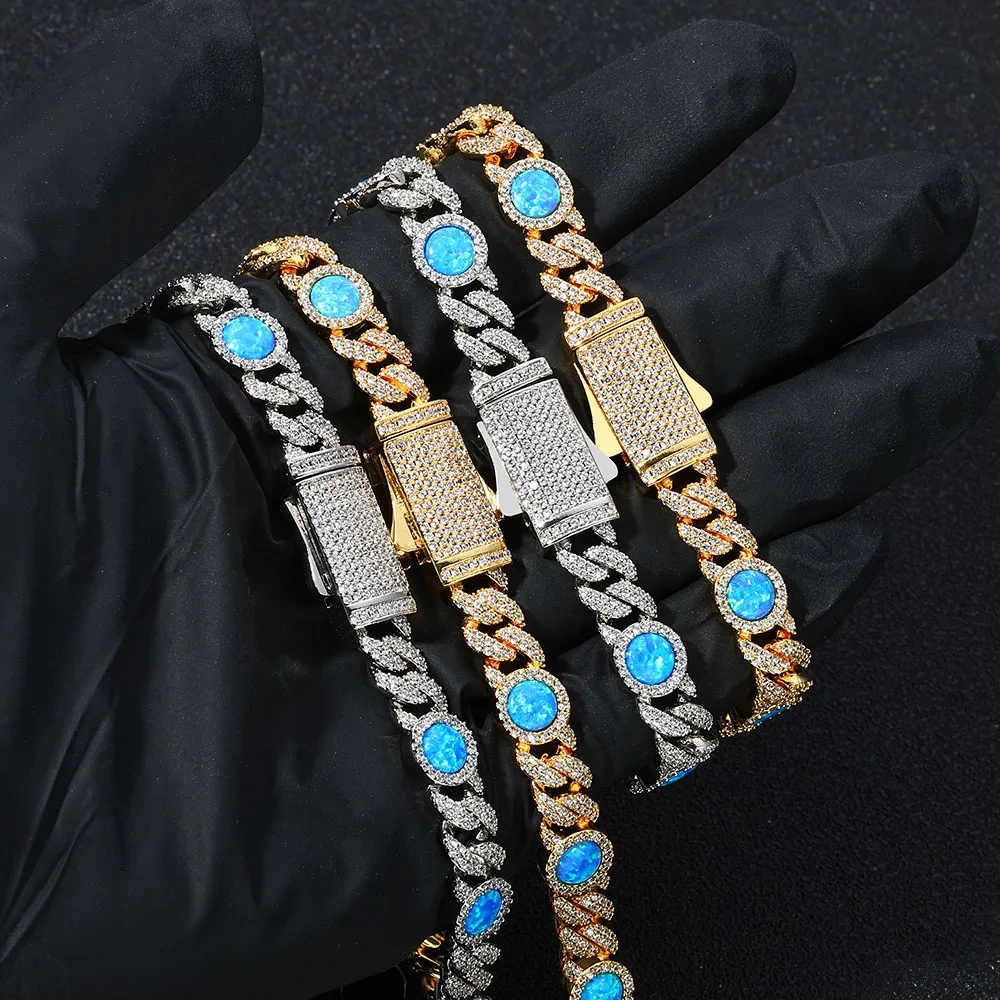 Hip Hop Jewelry 5A Cubic Zirconia Blue Opal Cuban Link Chain Bling Gold Plated Brass Diamond Cuban Necklace for Women Men