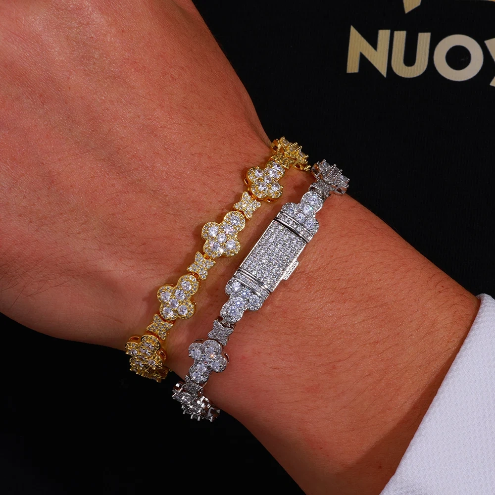 Personalized Trendy Niche Jewelry Hip Hop Cuban Chain 10mm Cross Flower Filled Zircon Bracelet for Men and Women