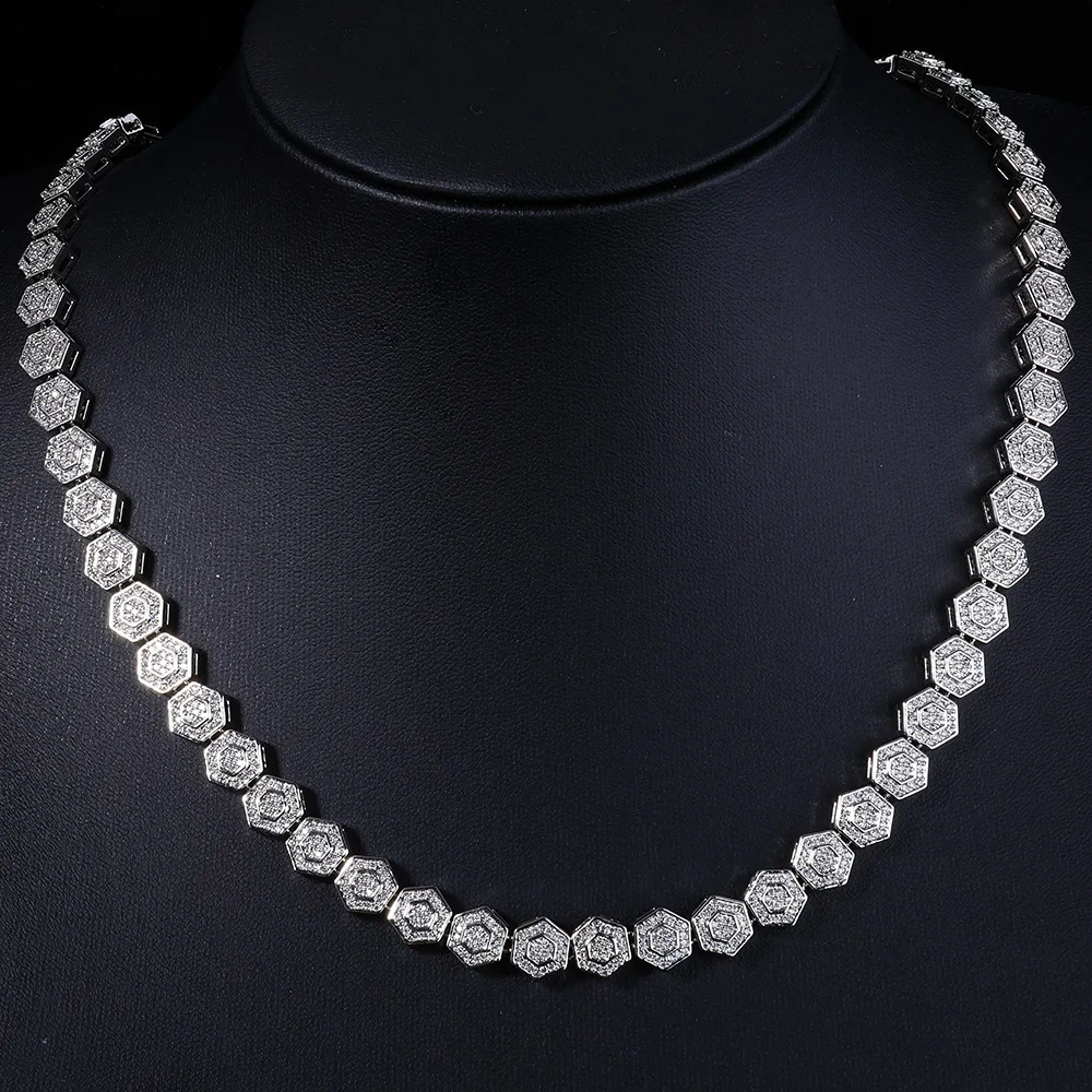 ESKEEM Hip Hop Jewelry Bling Geometric Hexago Iced Chain 8.5mm Diamond Tennis Link Chain Necklace for Unisex