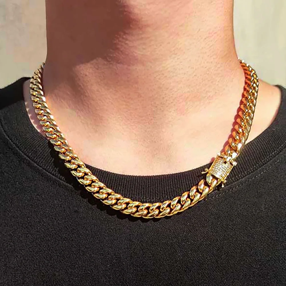 6/8/10/12/14/16 MM Width Hip Hop Three Times Plated Stainless Steel Jewelry Iced Clasp Miami Cuban Link Chain Necklace For Men