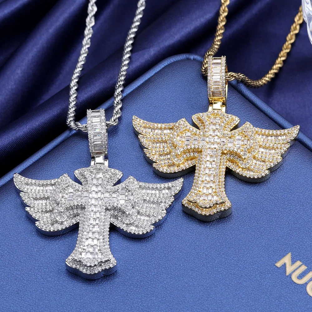 New 925 Sterling Silver Wings Cross Pendant Inlaid With VVS Moissanite Diamond Popular Hip-hop Cross Necklace Jewelry