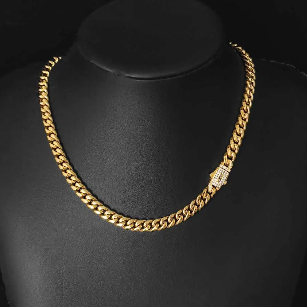18K Gold Plated 8MM Miami Cuban Link Chain Hip Hop Necklace Custom Name/Logo Diamond Clasp Stainless Steel Cuban Chain Necklace