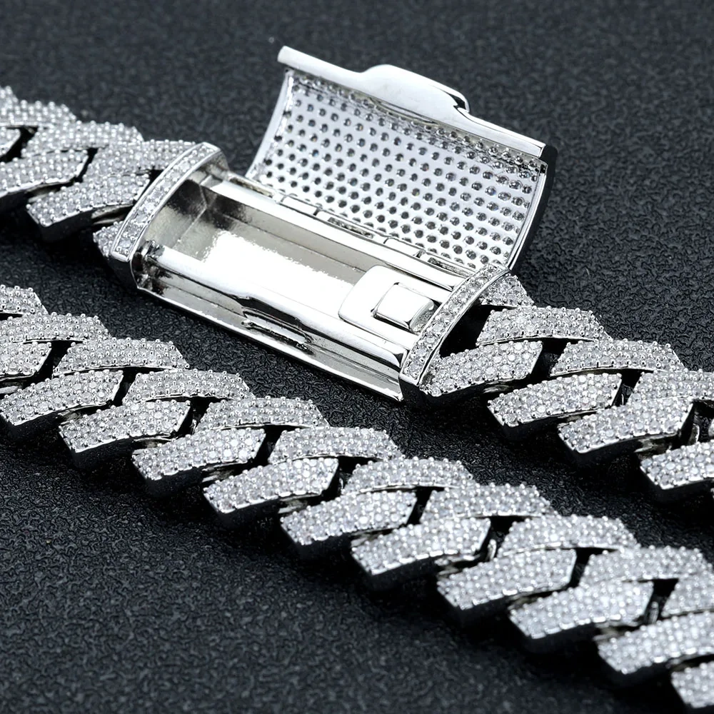 Hip Hop Jewelry Iced Out 5A CZ Diamond Cuban Necklace 16MM 3 Rows Prong Setting Cuban Link Chain Long Buckle Necklace Men