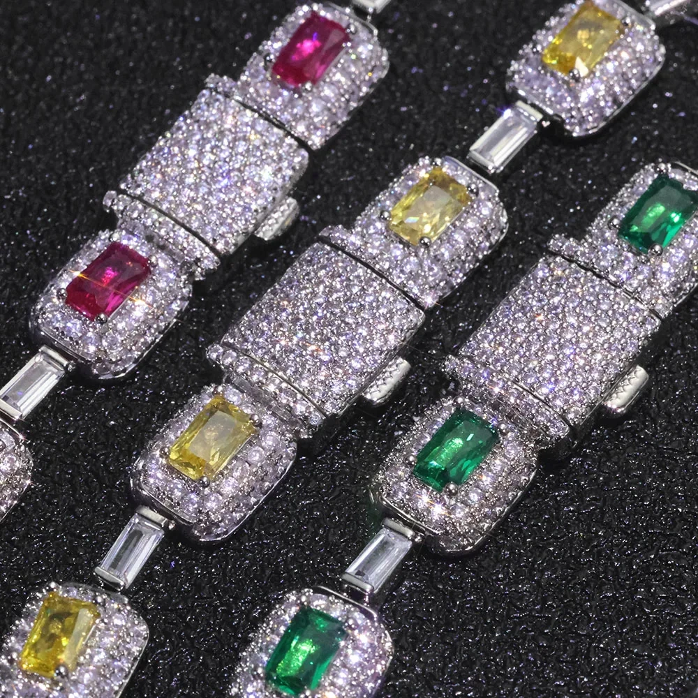 Eskeem New Bling Red Green Yellow White Cubic Zirconia Bracelet Hip Hop 7mm Iced Out Colorful Gemstone Jewelry for Women Gift