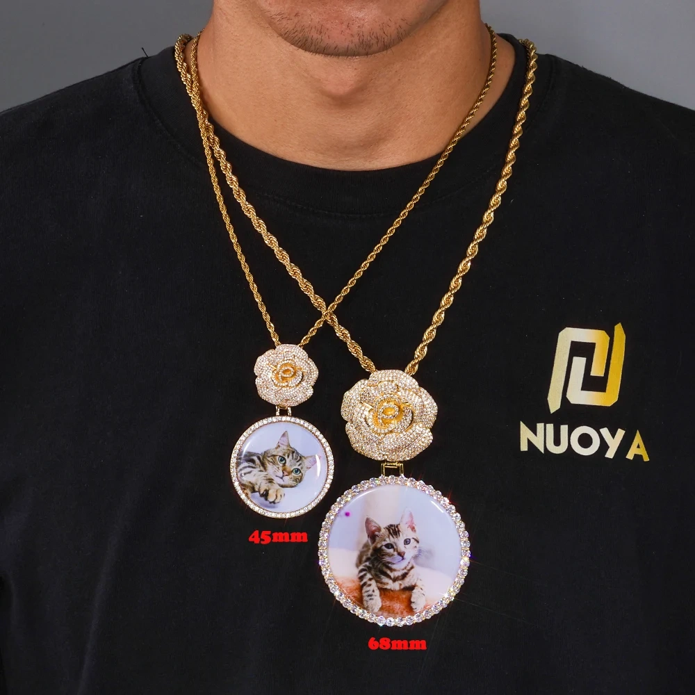 Customizable HipHop Rose Flower Bail Medallion Jewelry Personalized DIY Photo Memory Pendant 45/68mm Circle Picture Chain Gift