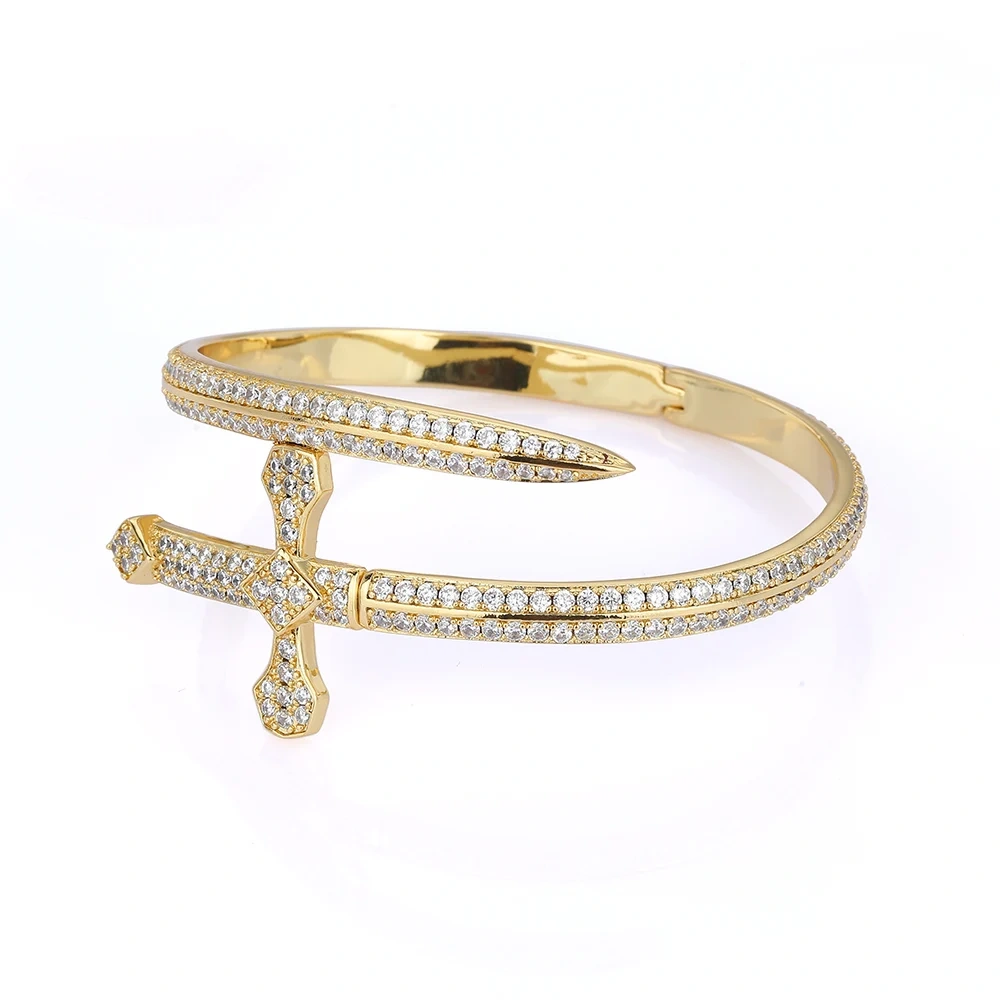 New Design Full Iced Sword Shape Bracelet Bling Brass Zircon 18K Gold Plated Bangle Fashion Women Man Jewelry