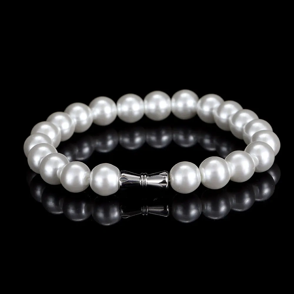 Hip Hop Jewelry 6mm 8mm 10mm 12mm Beaded White Pearl Strand Bracelet Women Men High Quality Bracelet Stainless Steel Clasp