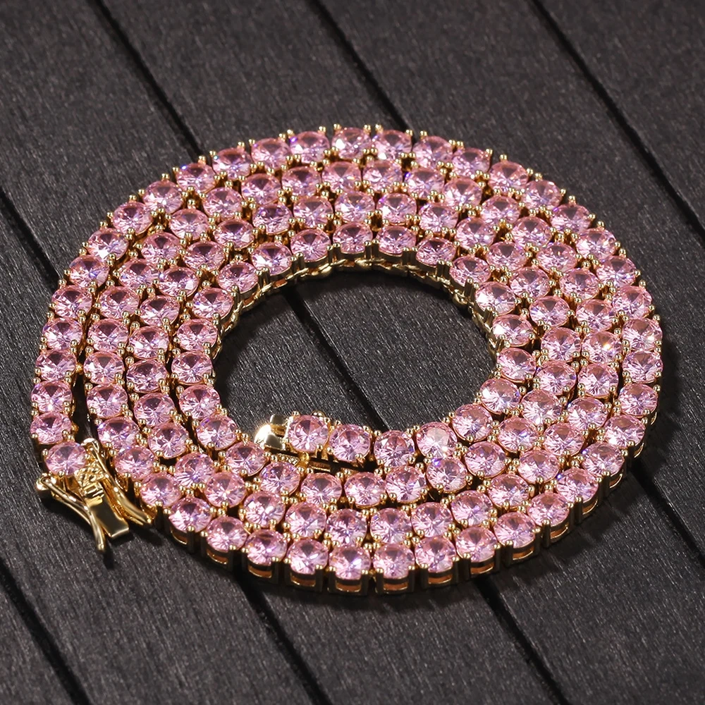 Hip Hop Bling Iced Out Tennis Chain Mens Women 4mm 1 Rows Custom Green Pink Jewelry Cubic  Zirconia Tennis Chain Necklace