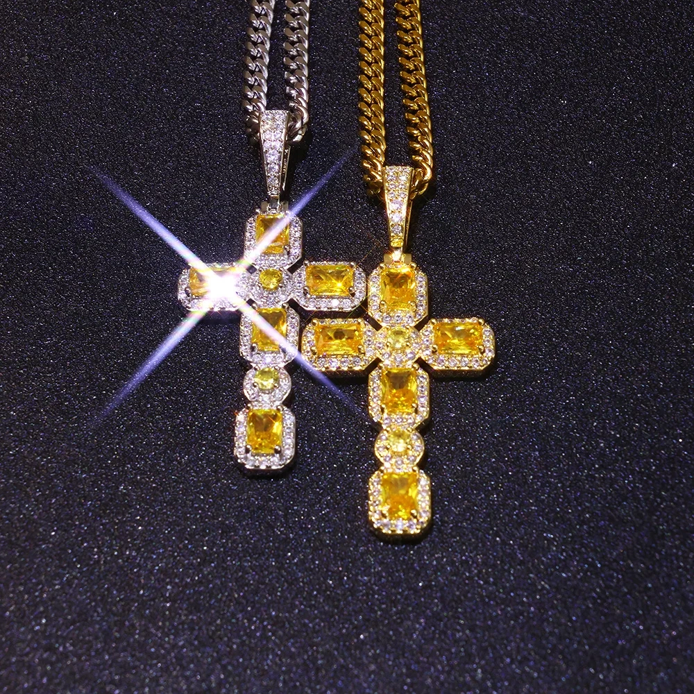 ESKEEM New Arrival Hip Hop Bling Yellow CZ Diamond Cross Pendant Yellow Baguette Gemstone Cross Necklace for Women Men