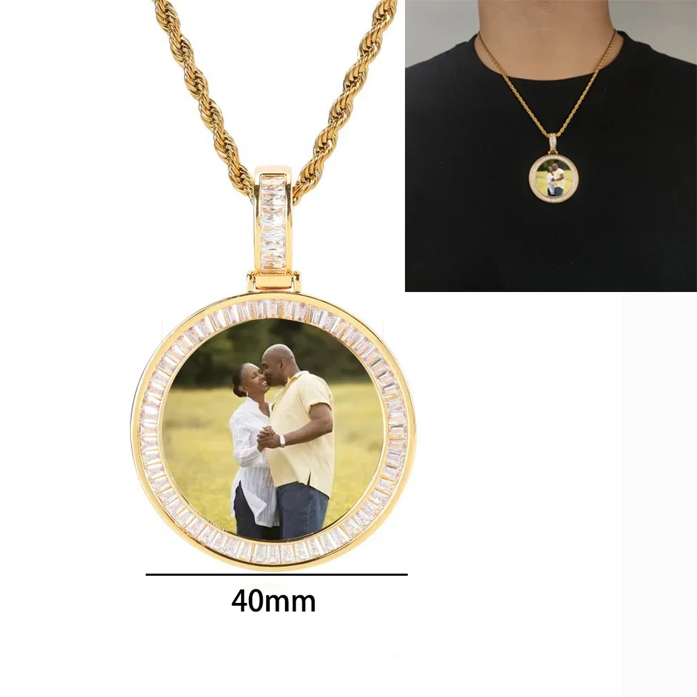 40MM Custom Photo Necklace Personalized Medallion Memory Picture Pendant T T-Shaped Zircon Hip Hop Jewelry Drop Shipping