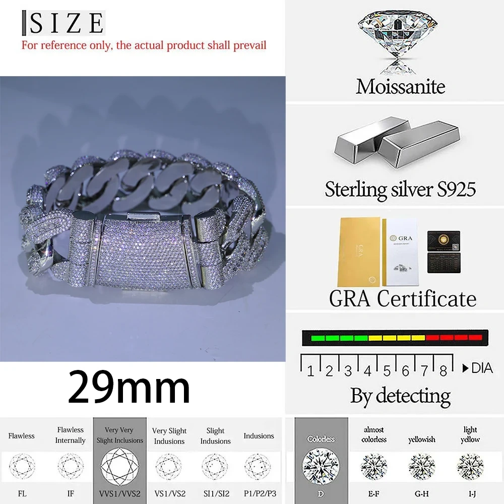Custom 29mm Big Moissanite Diamond Cuban Link Chain Iced Out Hip Hop Cuban Chain For Men 925Silver VVS Jewelry Charm Necklace