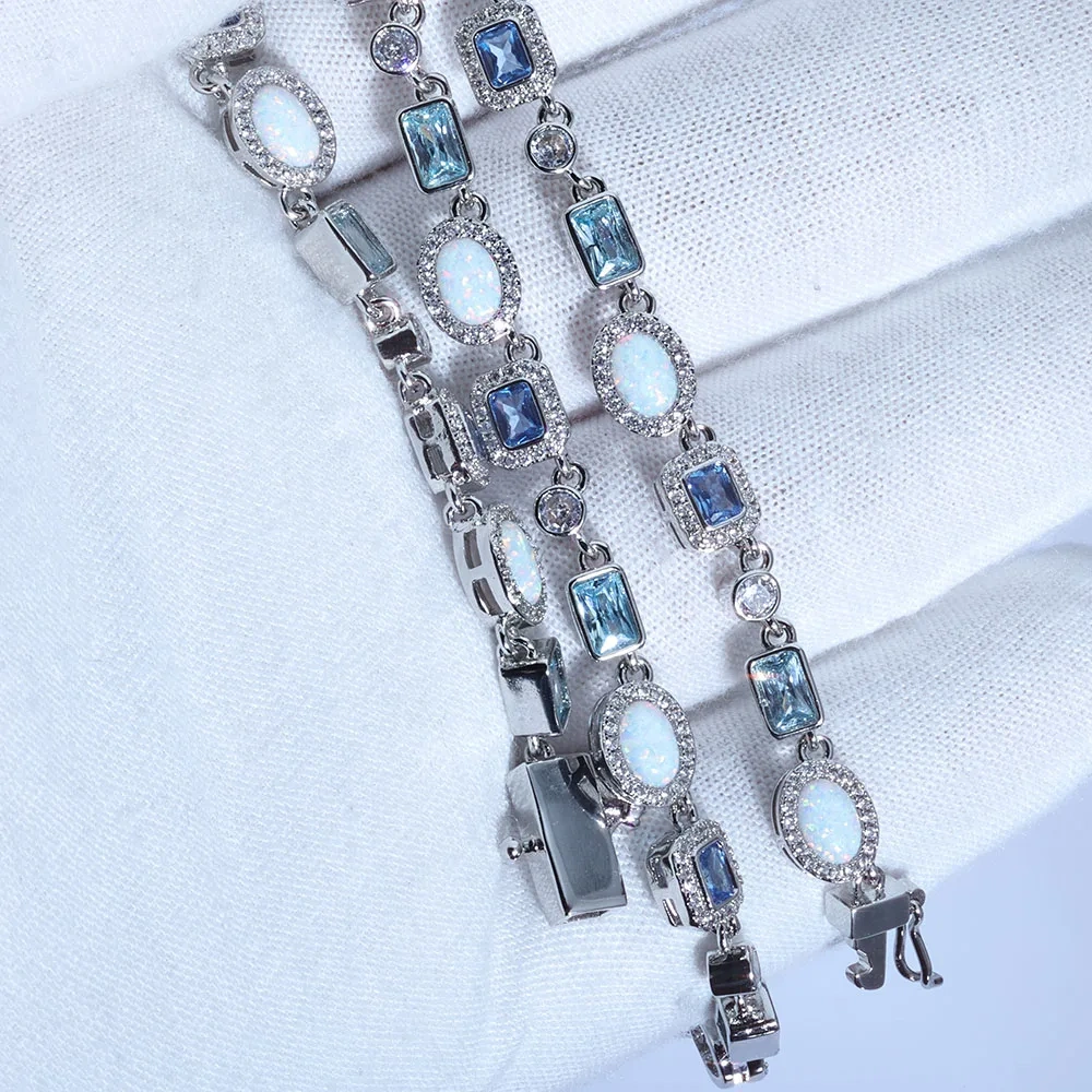 ESKEEM 6mm Geometric Gemstone Motif Iced Out Blue Chain Multicolor CZ Stones White Gold Plated Diamond Necklace Hip Hop Jewelry