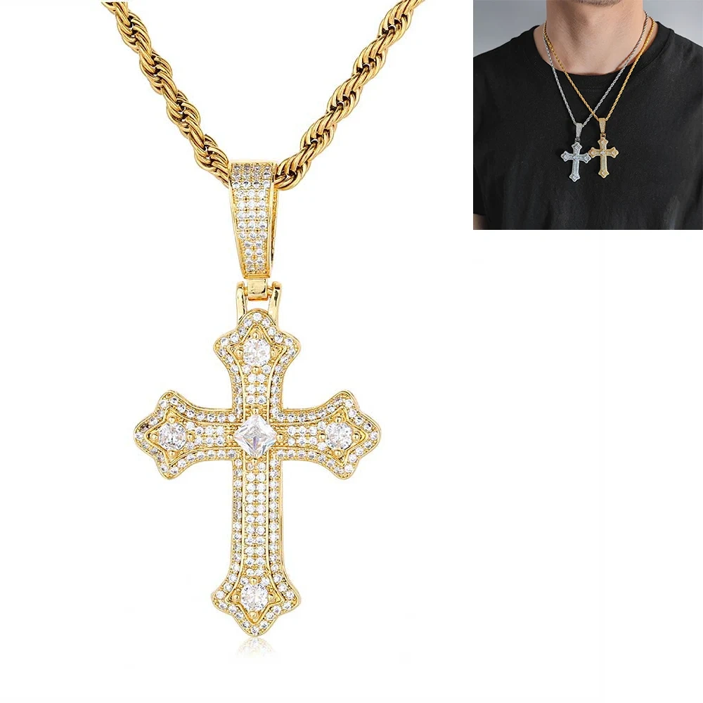 Hip Hop Jewelry Charm Women Cross Christian Jesus Bling Iced Out Copper Zircon Color Pendant Necklace