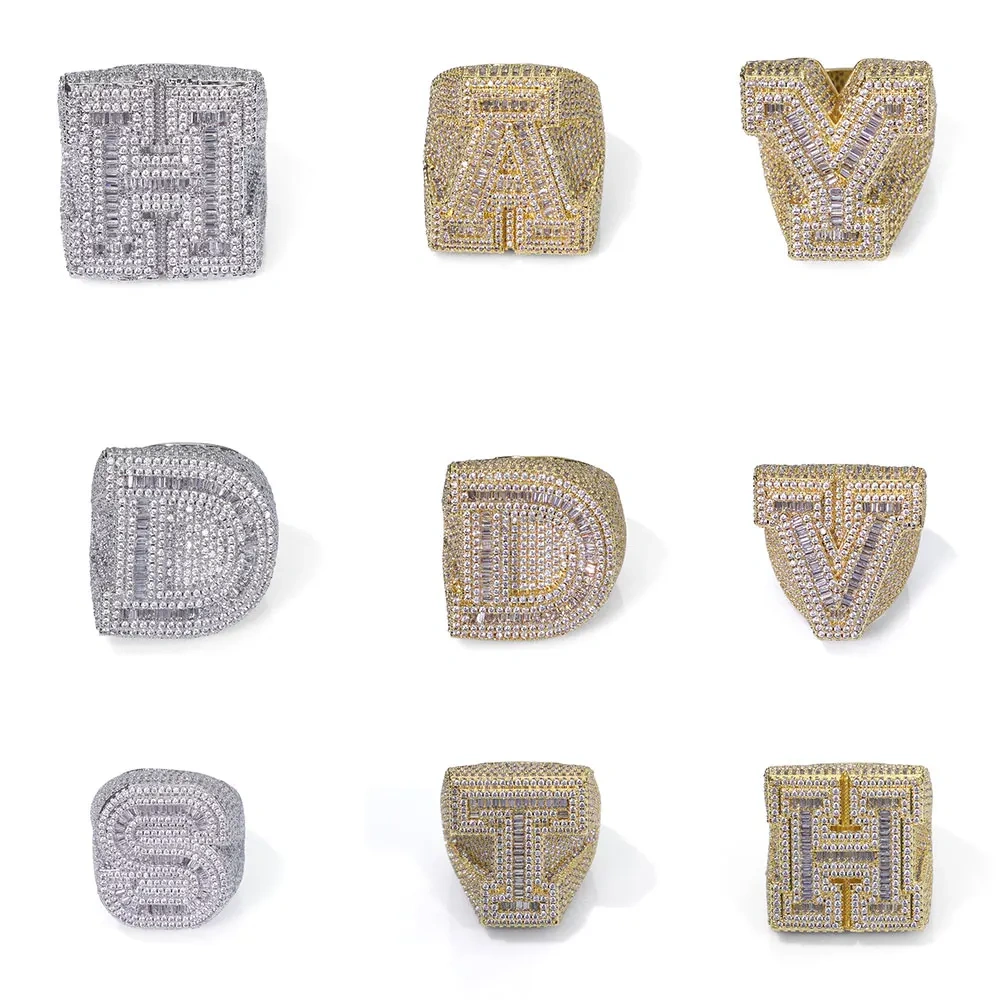 Custom Big Bling Iced Out Letter Ring For Men A-Z Initial Letter Prong Setting Diamond Ring Hip Hop Jewelry Chrismas Gift