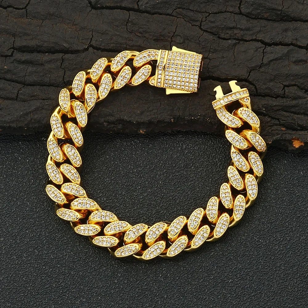 ESKEEM 12mm Iced Cuban Link Chain Bling Brass CZ For Men Women 2 Rows Choker Necklace Plating White Gold Plated Hip Hop Jewelry