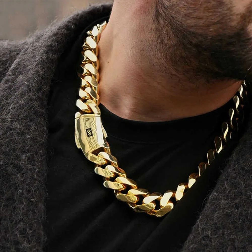 Hip Hop Jewelry 20mm 14K Gold Plated Monaco Chain Classic Pave Lock Choker Heavy Miami Cuban Link Chain Men's Necklace