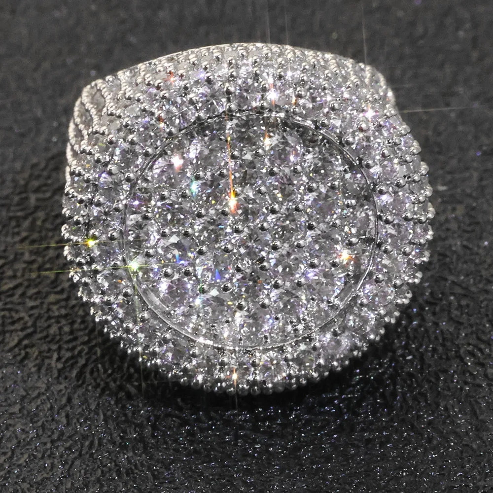 ESKEEM Wholesale Iced Out Big Round Ring Luxury Full Diamond Signet Ring Hip Hop Style Bling Cubic Zirconia Jewelry Men Women