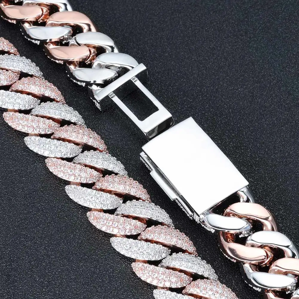 Luxury Hip Hop Rose Gold Iced Out CZ Diamond Necklace Big Size 22MM 3 Rows Custom Cuban Link Chain Necklace Jewelry