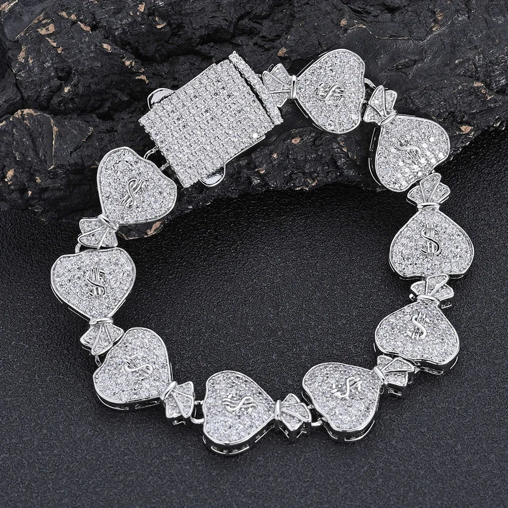 ESKEEM Hip Hop Fashion Jewelry Full Iced $ Money Bag Link Bracelet Handmade Inlay Diamond 5A Zircon Women's Cuban Bracelet ﻿