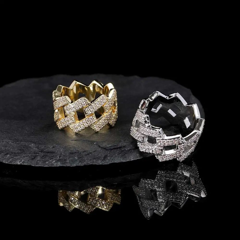 Hip Hop Fashion Iced Out For Men Brass Setting Cubic Zircon 14MM Cuban Ring Luxury Rhombus Jewelry
