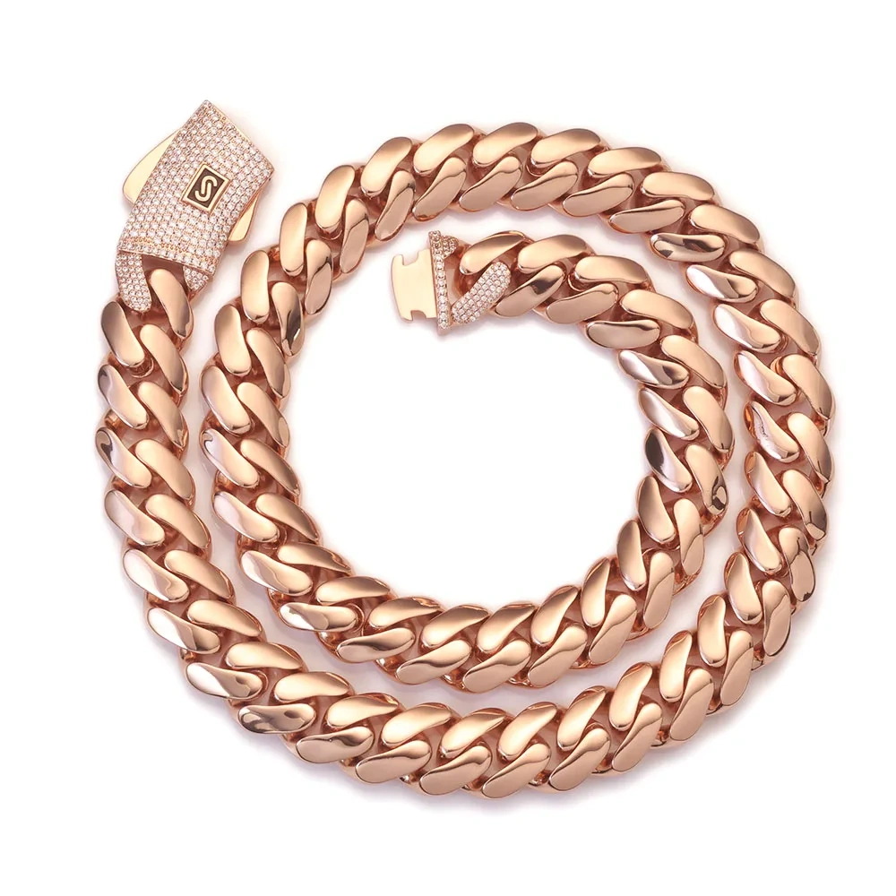 ESKEEM Hiphop Jewelry Rose Gold Plated Monaco Necklace Iced Out Diamond Clasp Flat Thick Cuban Link Chain Choker for Men