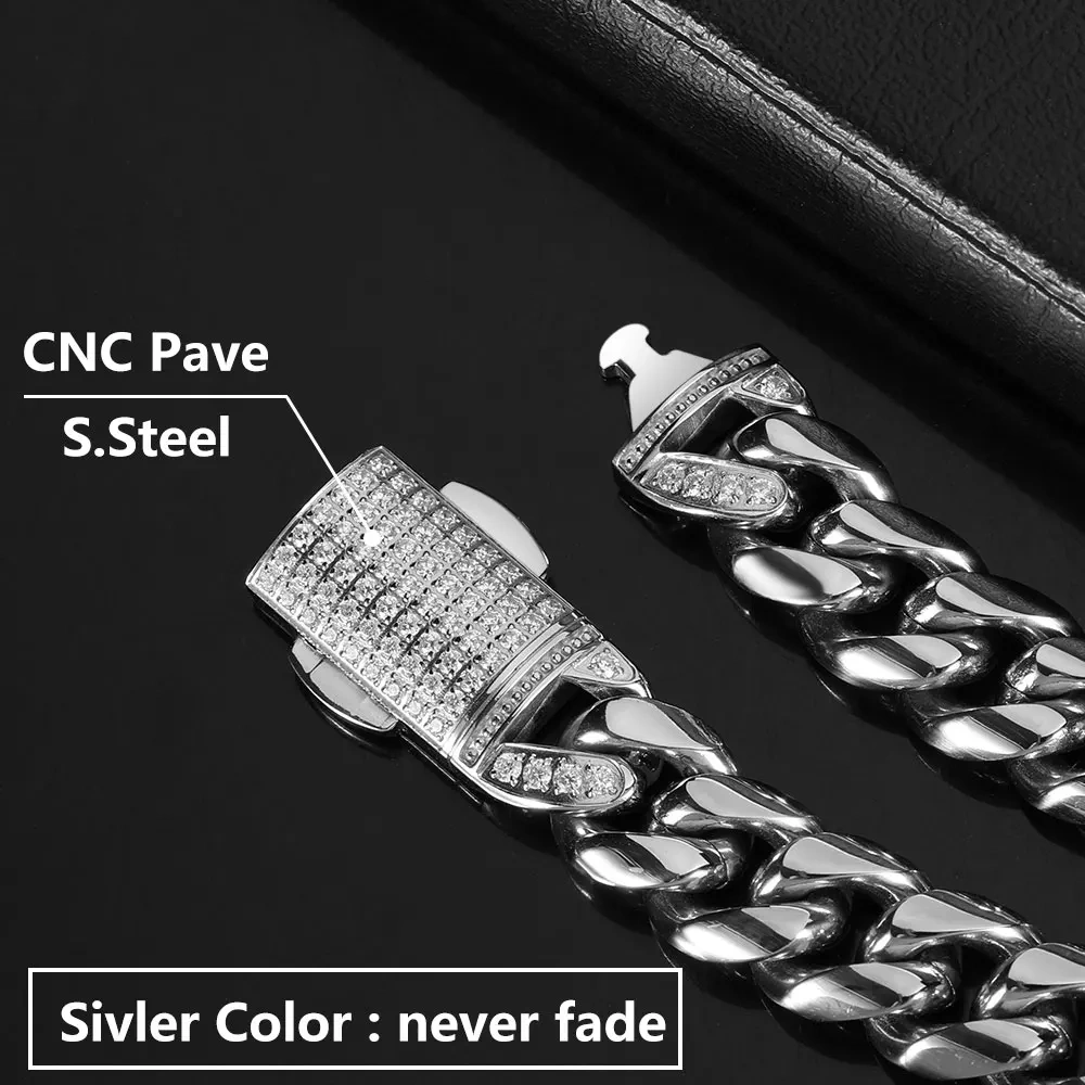 12mm Hip Hop Plated Fashion Stainless Steel  Luxury Cuban Jewelry Bracelets For Men Bling Clasp Pvd Waterproof Jewelry