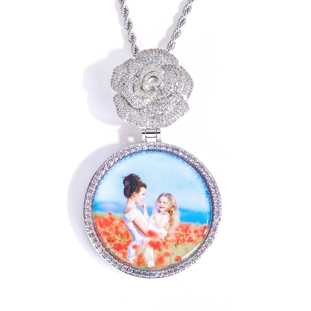 Customizable HipHop Rose Flower Bail Medallion Jewelry Personalized DIY Photo Memory Pendant 45/68mm Circle Picture Chain Gift
