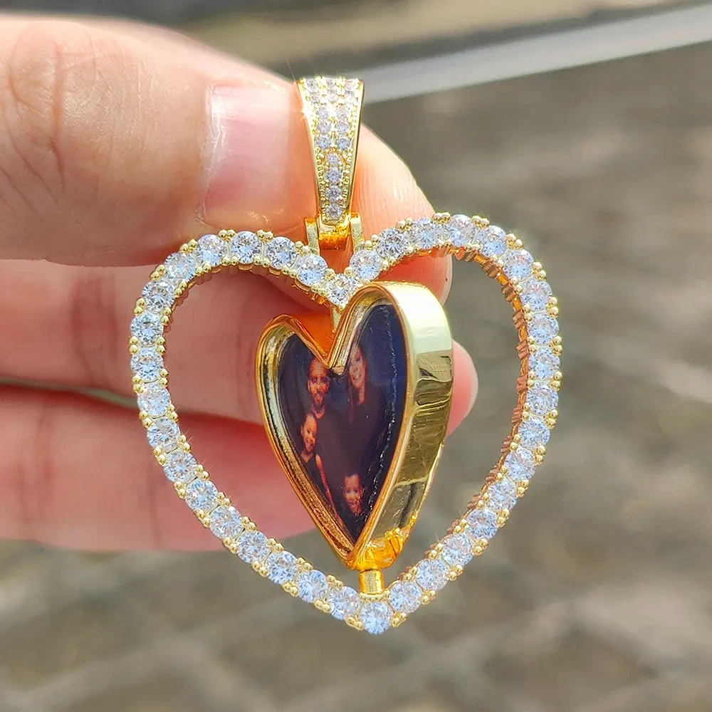 Custom Heart Picture Pendant Necklace For Women Hip Hop Jewelry Iced Out Spinning Two-Sided  Photo Pendant Drop Shipping