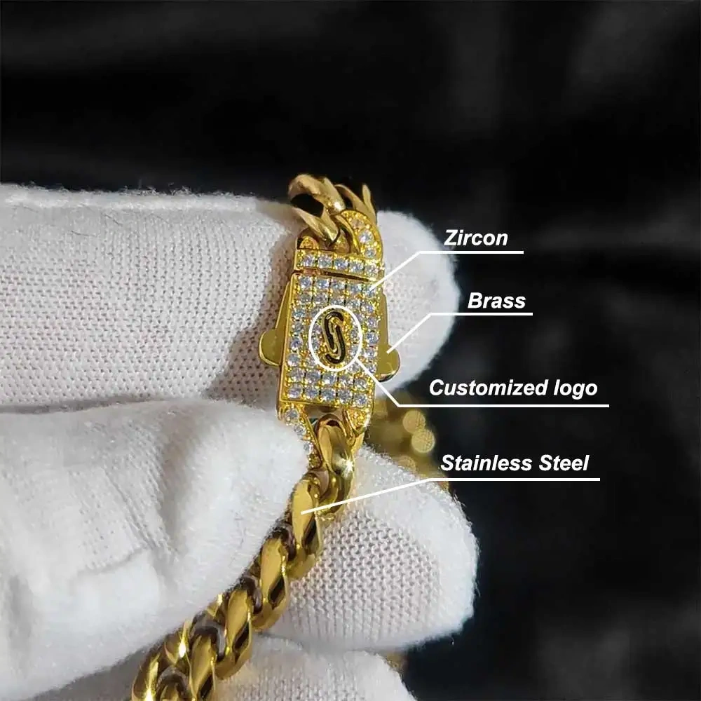 18K Gold Plated 8MM Miami Cuban Link Chain Hip Hop Necklace Custom Name/Logo Diamond Clasp Stainless Steel Cuban Chain Necklace