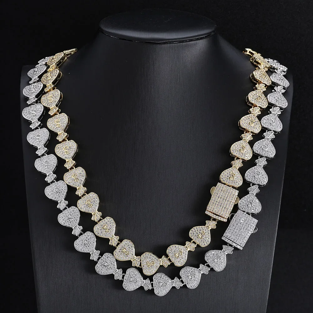 Hip Hop Rapper Jewelry Iced $ Money Bag Necklace Micro Pave CZ Zirconia USD Money Bag Cuban Chain Necklace for Men Women ﻿