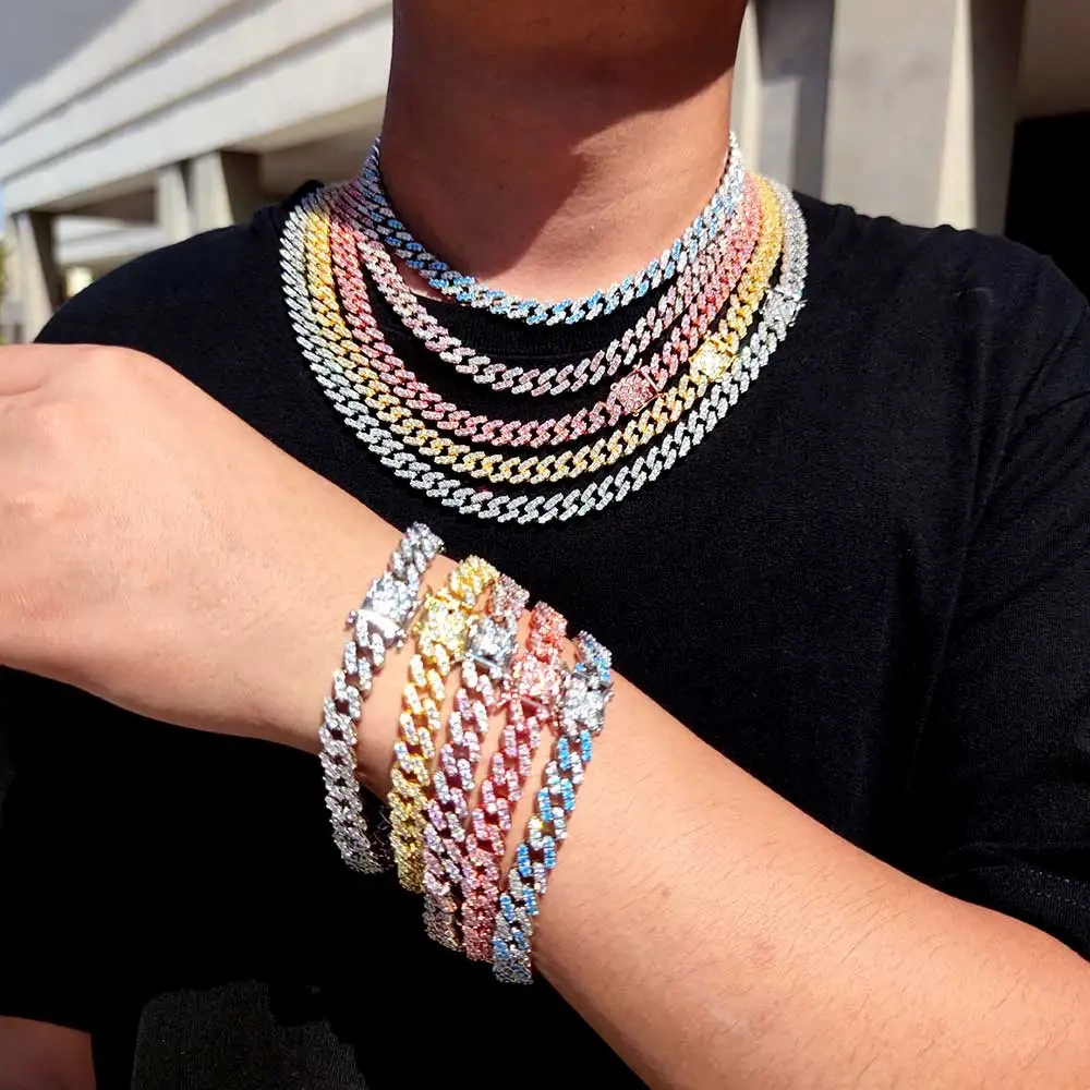 9mm Miami Cuban Link Necklace For Men Women Iced Out Pink/Blue CZ Stone Chain Hip Hop Luxury Fashion Classic Jewelry
