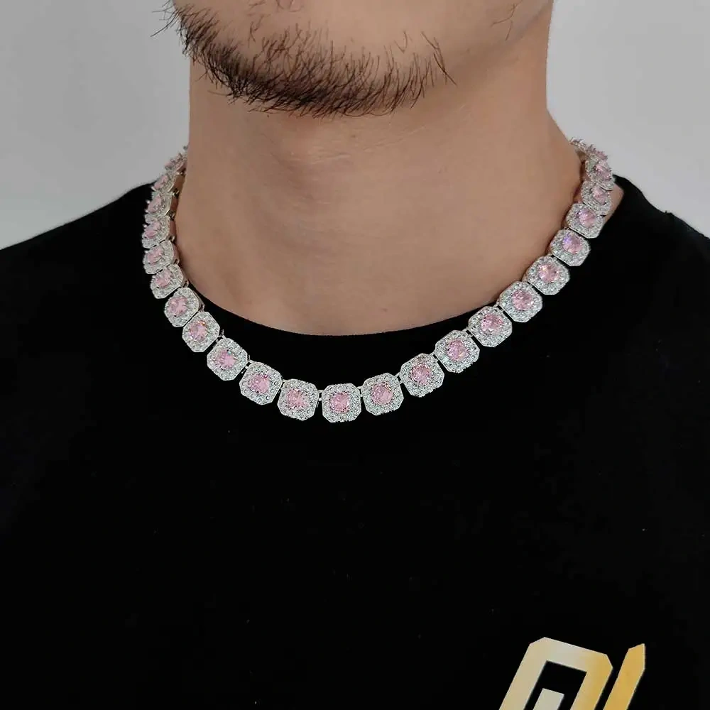 12mm Hip Hop Jewelry Pink/Treasure Blue/Sea Blue Girl Cluster Tennis Chain Cubic Zirconia Bling Diamond CZ Necklace For Women