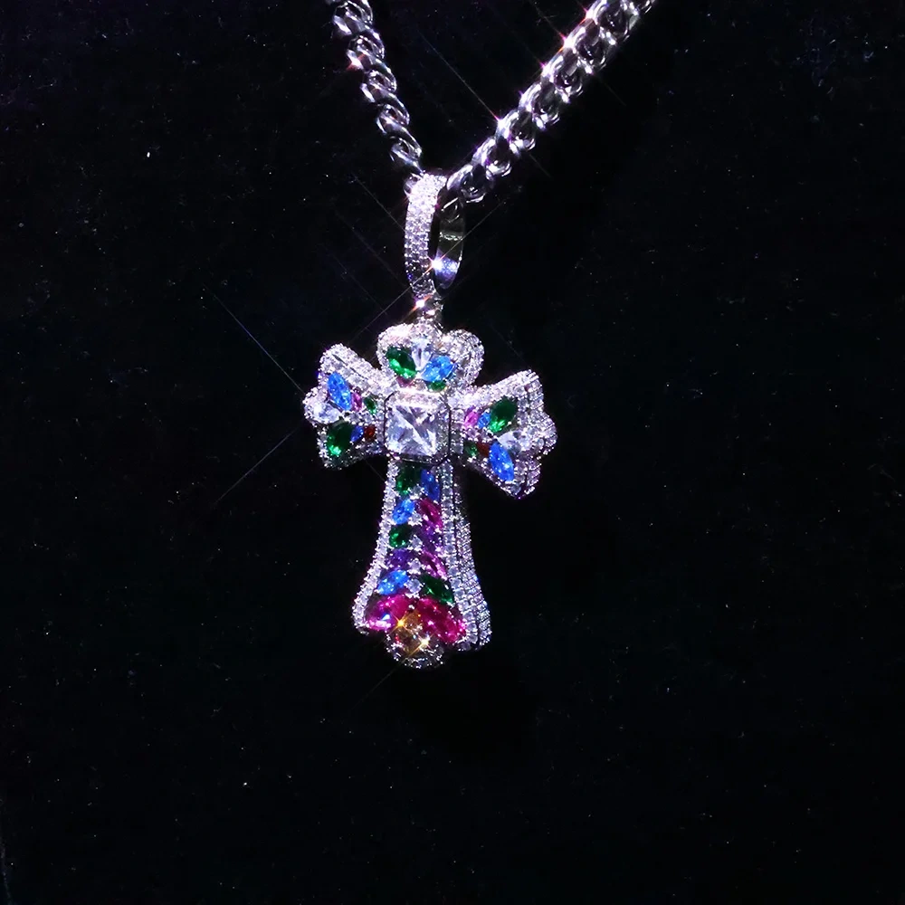 ESKEEM Custom Colorful Cross Pendant Large Baguette CZ Diamond Iced Out Charm Pendant Hip Hop Jewelry DropShipping Men Women