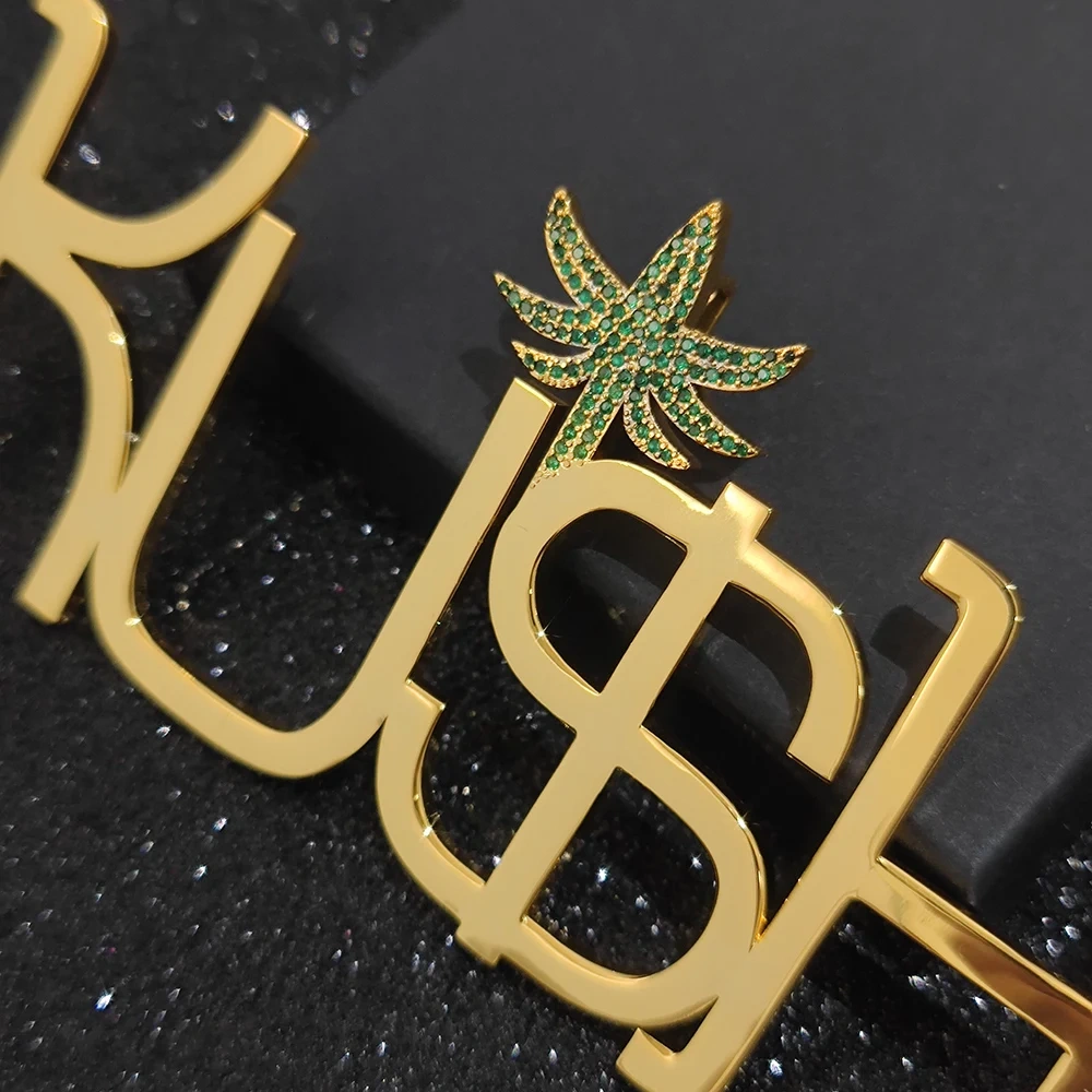 Hip Hop Jewelry Metal Alphabet Label Custom Logo Pendant Iced Out Green Leaf Hook Smooth Letter Pendant Gift For Men Women