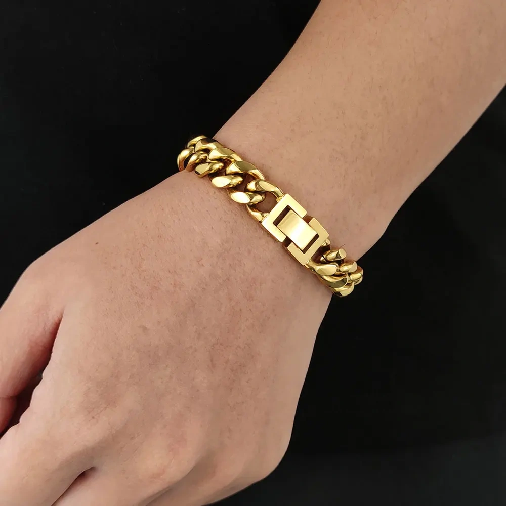 6/8/10/2/14/16MM Width Hip Hop Jewelry Miami Stainless Steel Rectangle Clasp Curb Cuban Link Bracelets For Men
