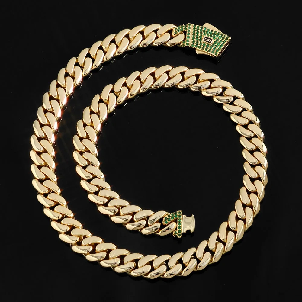 ESKEEM Iced Out Diamond Green CZ Clasp Cuban Link Chain 14K Gold Plated Thick Monaco Necklace for Men and Women Hip Hop Jewelry