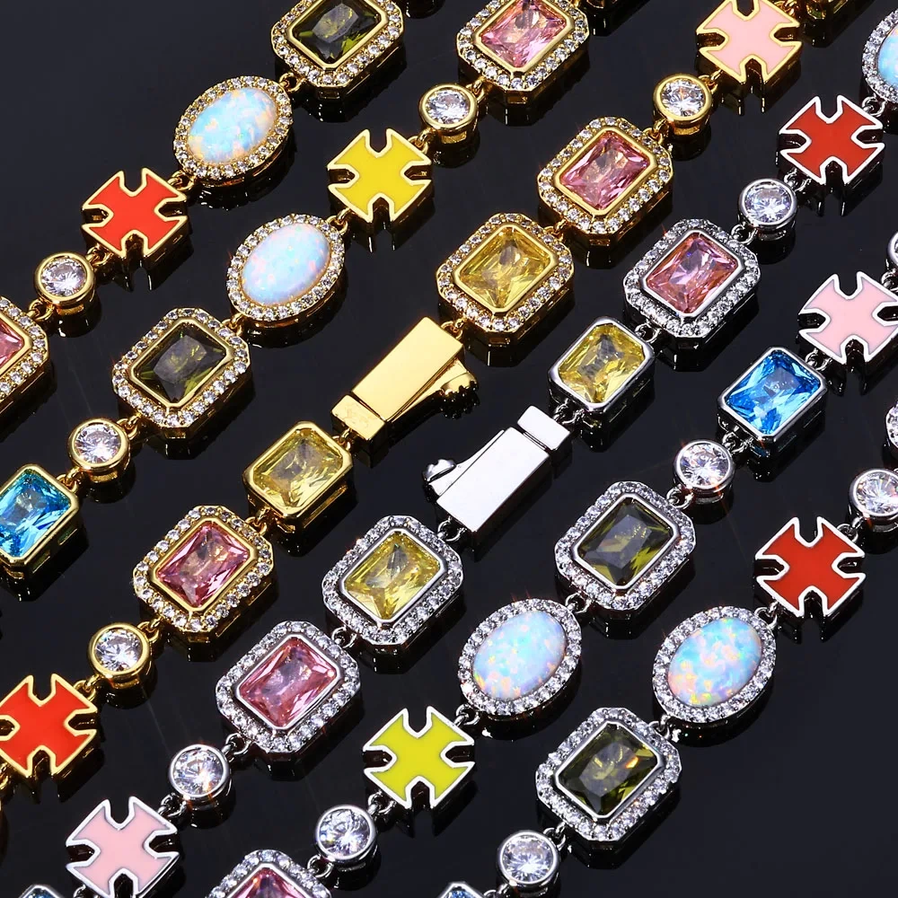 ESKEEM Rainbow CZ Diamond Necklace Multi Color Enamel Cross Design Iced Out Geometric Gemstone Chain Hip Hop Jewelry for Women