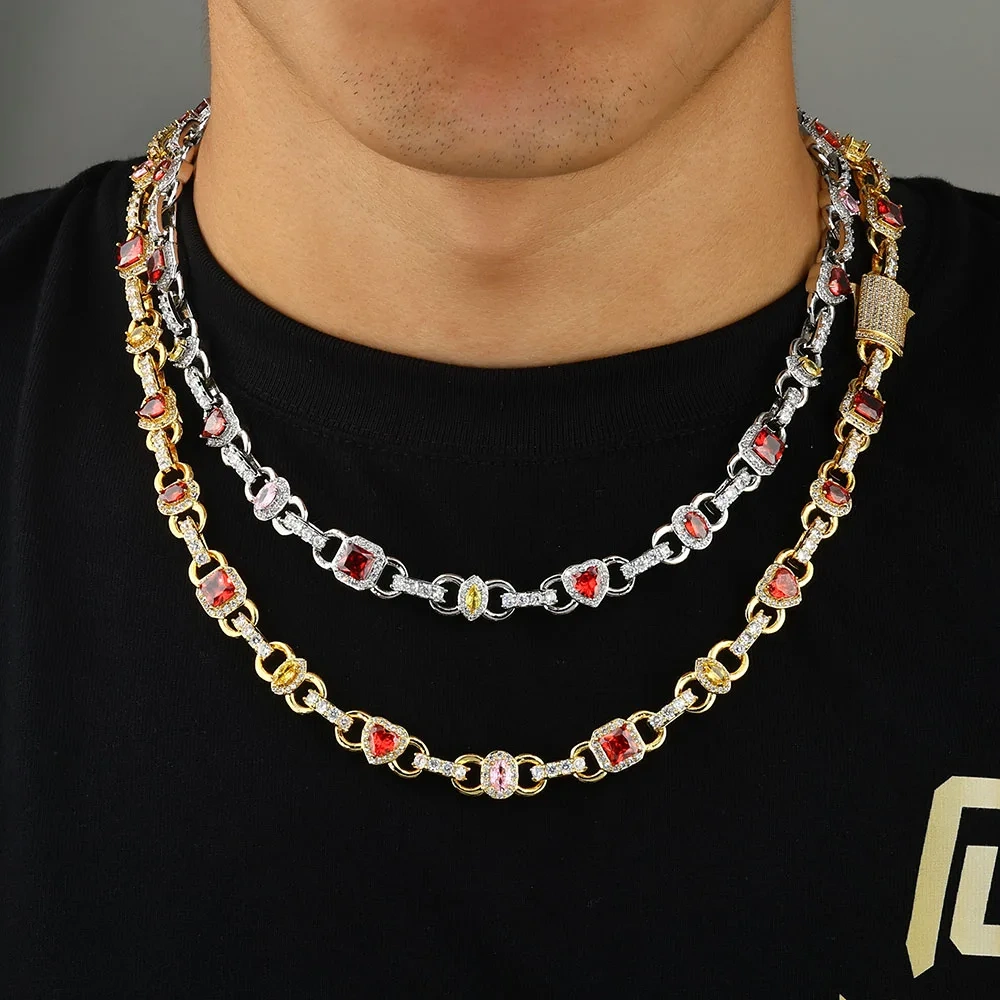 18k Gold Plated Colorful Necklace Elliptical/Square/Heart shaped Red yellow Zircon High Quality Spring ClaspCuban Chain