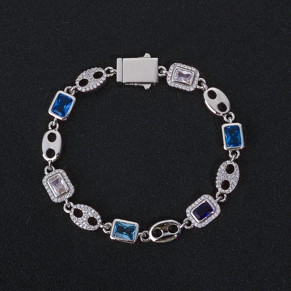 ESKEEM 10MM Gemstone Iced Out Pig Nose Bracelet New Blue Cubic Zirconia Cuban Link Bracelet Hip Hop Jewelry
