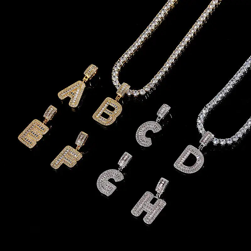 Dropshipping Iced Out Initials Rock Sugar Letter Pendant Men's Hip Hop 18K Gold Plating Name Necklace for Men With Rope Chain
